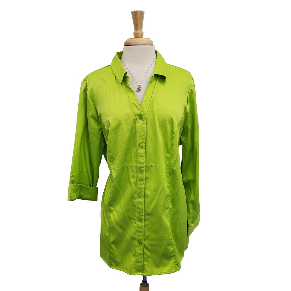 Catherines Womens Green Button Up Roll Tab Sleeve Blouse Top Plus Size 1X NWT